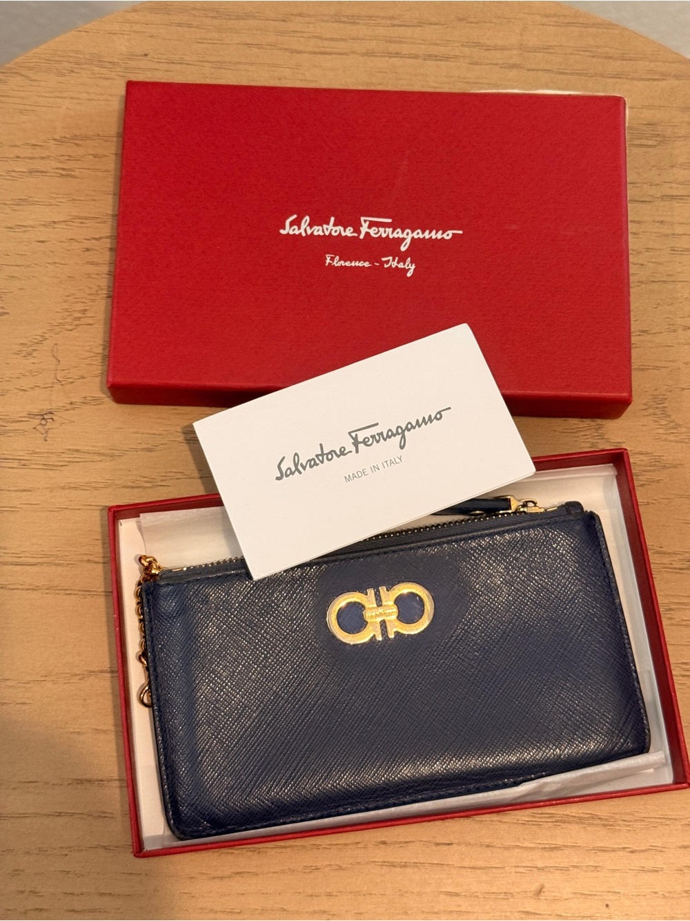Salvatore Ferragamo Navy Leather Zip Wallet with Gold Gancini Accent